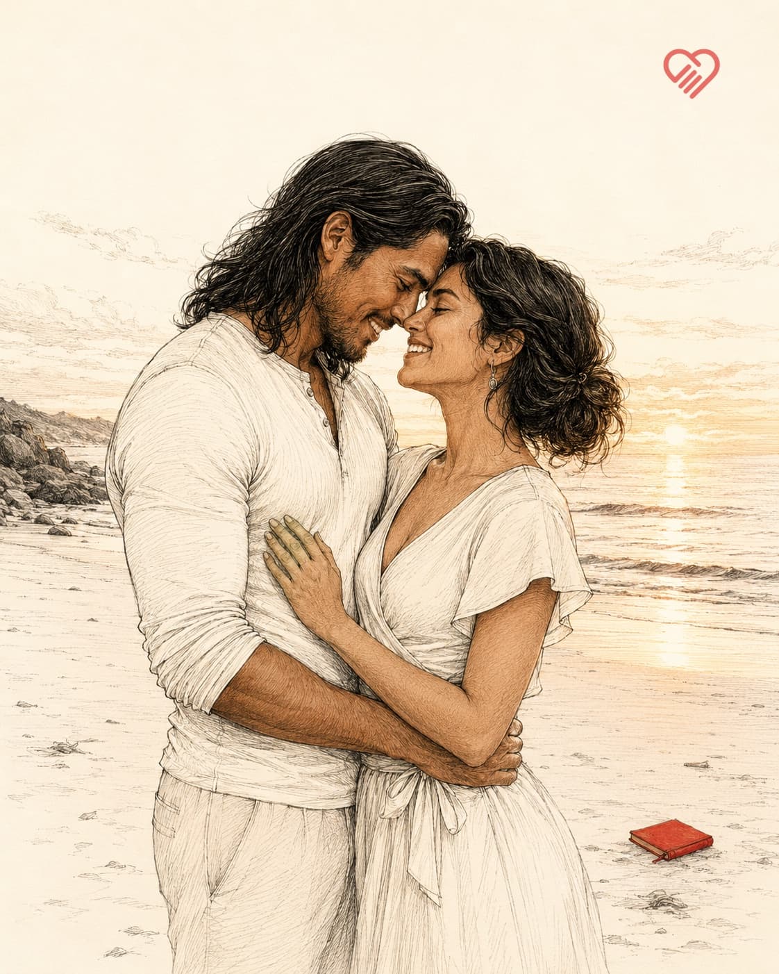 A couple embracing forehead to forehead on a beach at sunset, a small red book resting on the sand beside them.