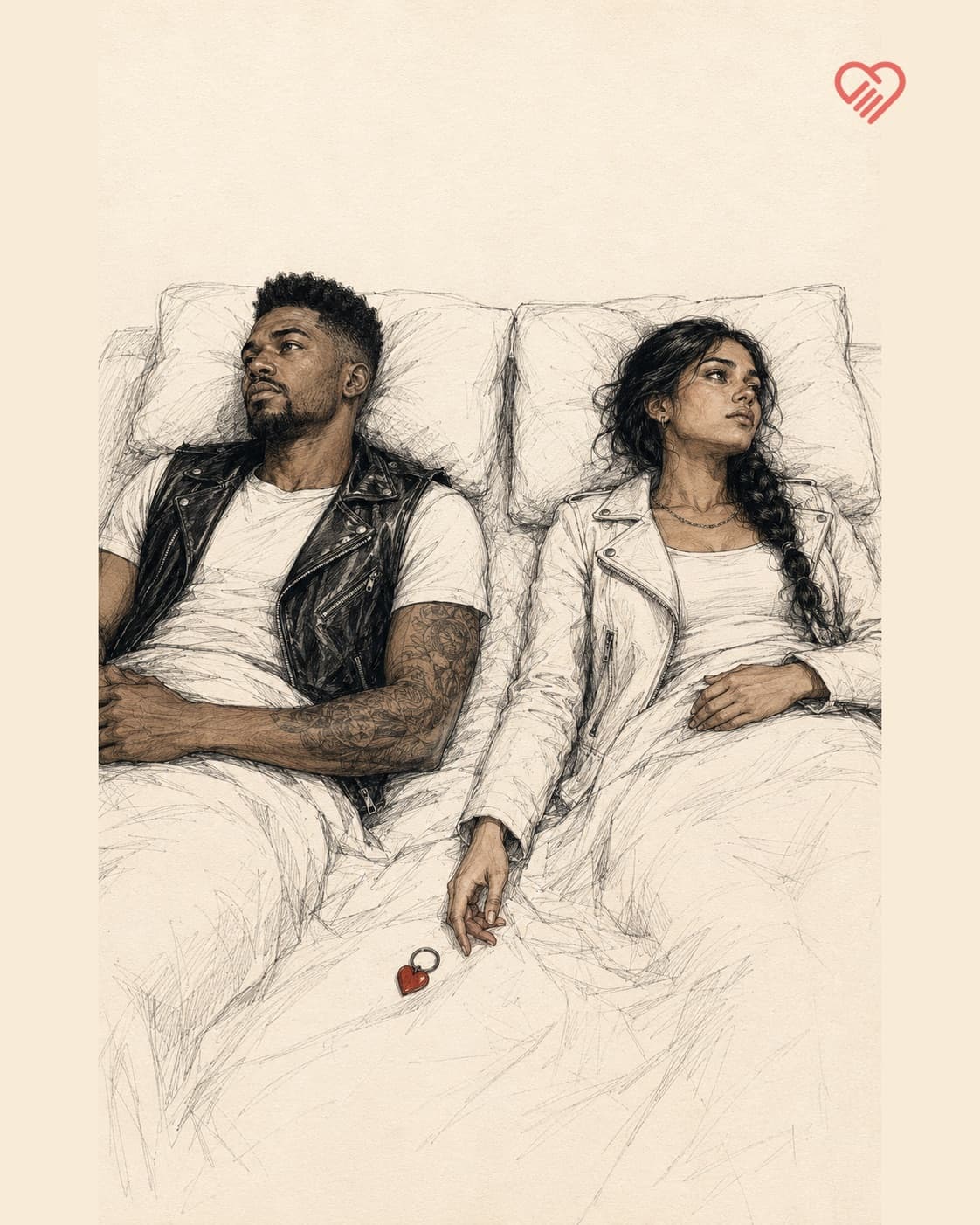 A young couple lying side by side staring at the ceiling, hands not quite touching, a small red heart resting on the sheet between them.