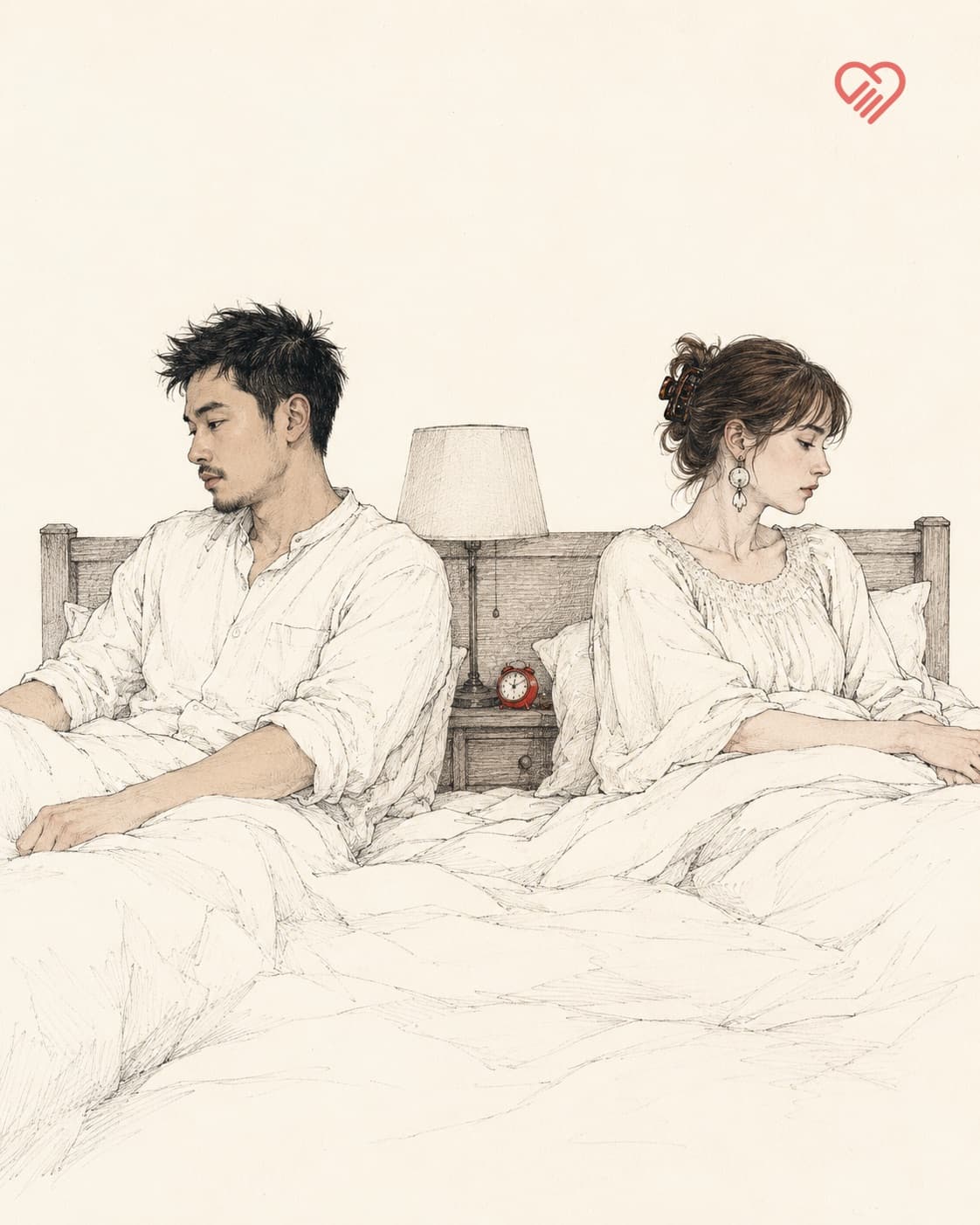 A couple sitting up in bed, turned away from each other, a small red clock on the nightstand between them.