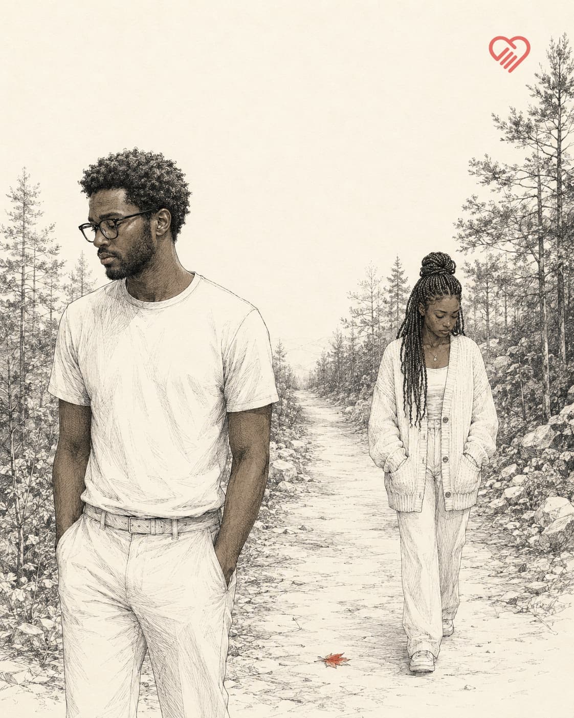 A couple on a hiking trail, one walking ahead and one behind, not speaking, a single red leaf on the path between them.